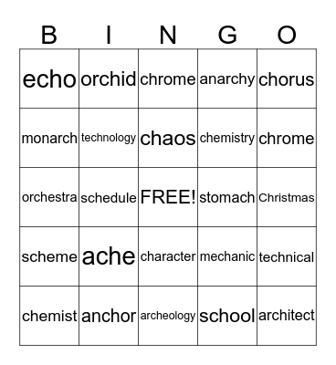 "ch" says K Bingo Card