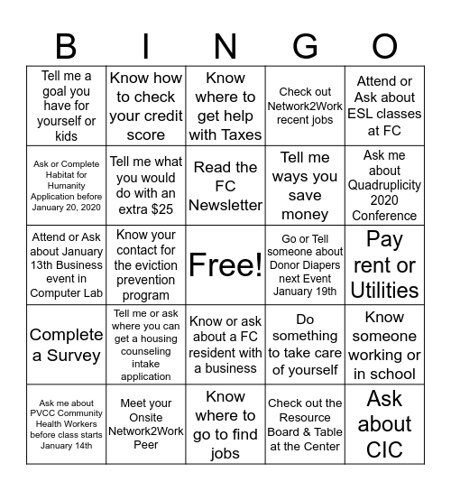 January 2020 Community Wealth Building Bingo Card