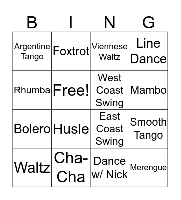 Dance Party Bingo Card