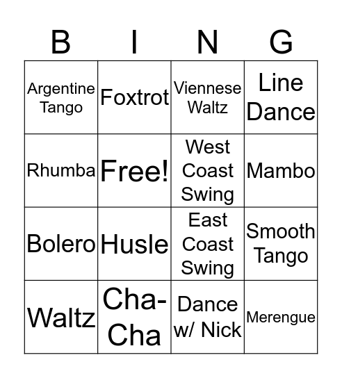 Dance Party Bingo Card