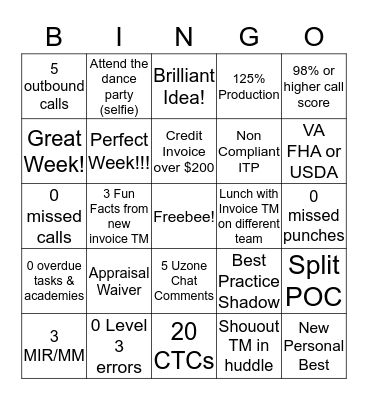 Invoice Bingo Card