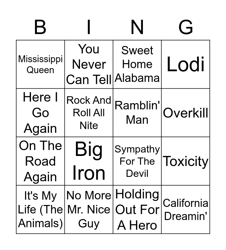 Musikkbing Hovedsaklig Rockesvisker Bingo Card - roblox surfin bird