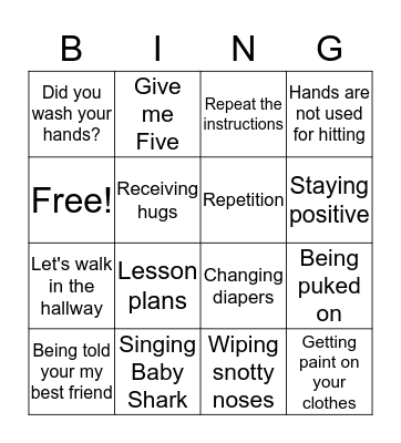 Daycare Teacher Bingo Card