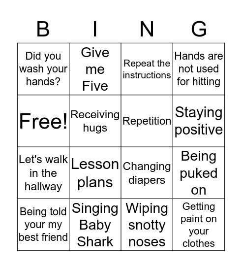 Daycare Teacher Bingo Card