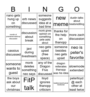 last writers session of 2020 Bingo Card