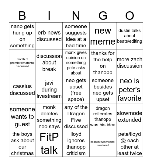 last writers session of 2020 Bingo Card