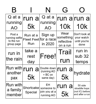 F3 Running Bingo - January 2020 Bingo Card