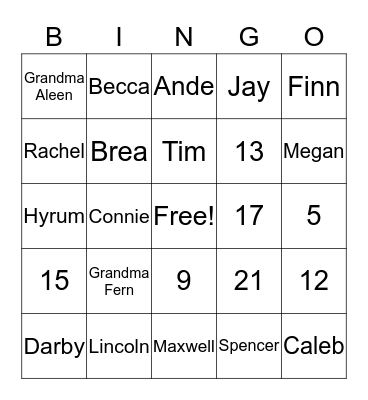 Schnepf Family Bingo Card