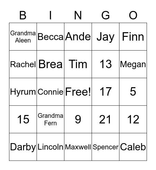 Schnepf Family Bingo Card