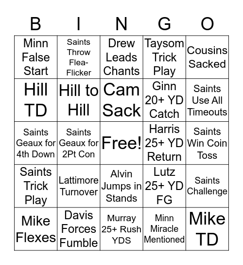 Saints Vs Vikings Bingo Card
