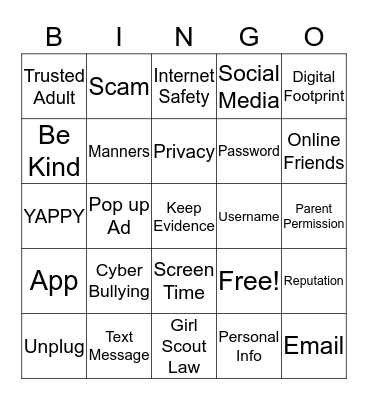 Internet Safety Bingo Card