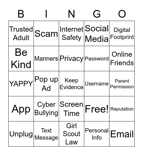 Internet Safety Bingo Card