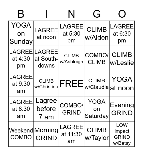 Pilates Plus BINGO Card