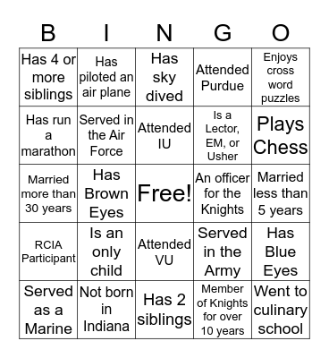Knights of Columbus Family Bingo Card