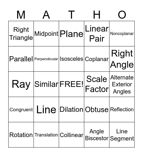 Geometry Vocabulary Bingo Card