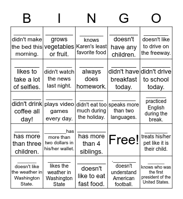MEET YOUR CLASSMATE: DO DOES DID DIDN'T DOESN'T Bingo Card