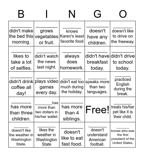 MEET YOUR CLASSMATE: DO DOES DID DIDN'T DOESN'T Bingo Card