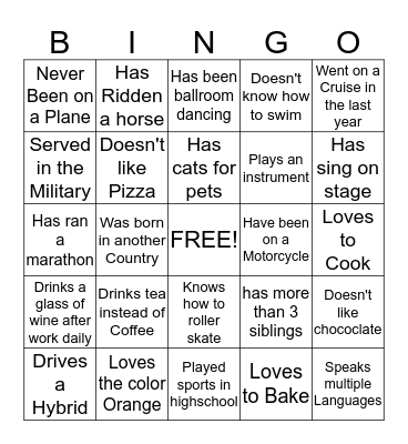 Getting to Know You Bingo Card