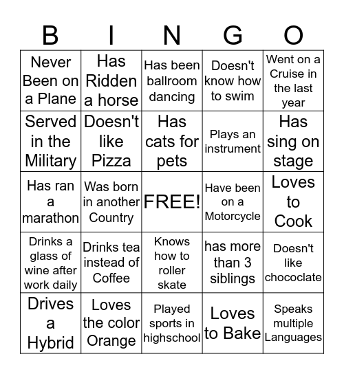 Getting to Know You Bingo Card