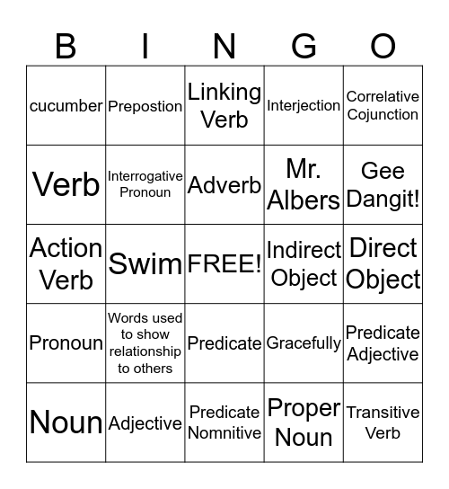 Grammar Games! Bingo Card