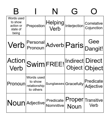 Grammar Games! Bingo Card