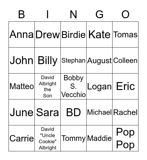 Weir Family Bingo Card