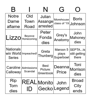 2019 Bingo Card