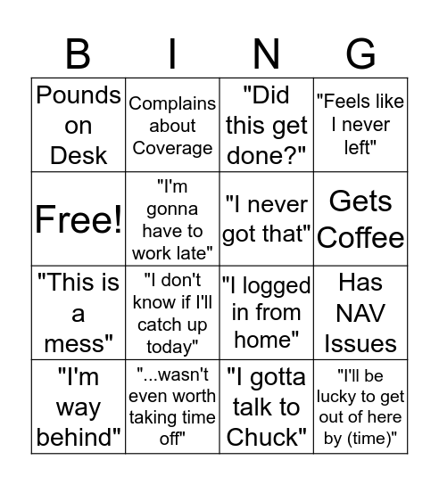 Art's Time Off Return Bingo Card