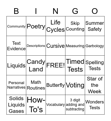 2nd Grade Bingo Card