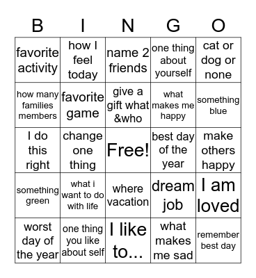 Myself Bingo Card