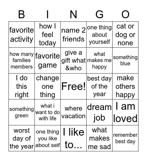 Myself Bingo Card