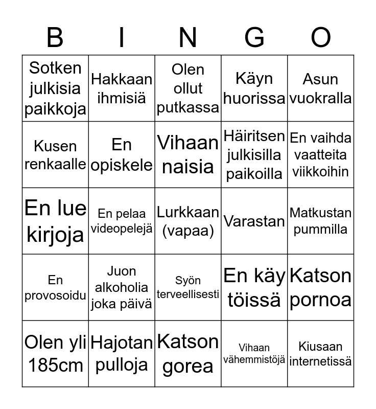 Ylilaudan alfabingo 2020 Bingo Card