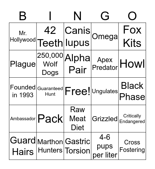 CANID Bingo Card