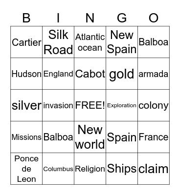 Explorers Bingo Card