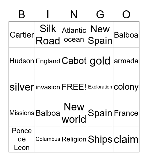 Explorers Bingo Card