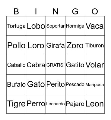 Animal Bingo Card