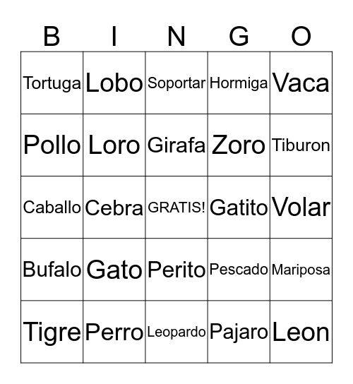 Animal Bingo Card