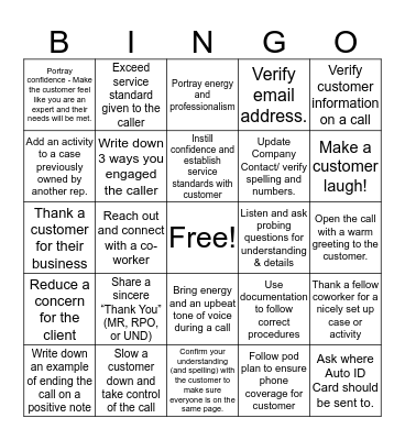 Customer Service BINGO Card