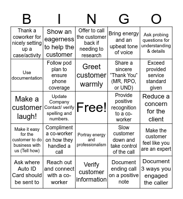 Customer Service BINGO Card