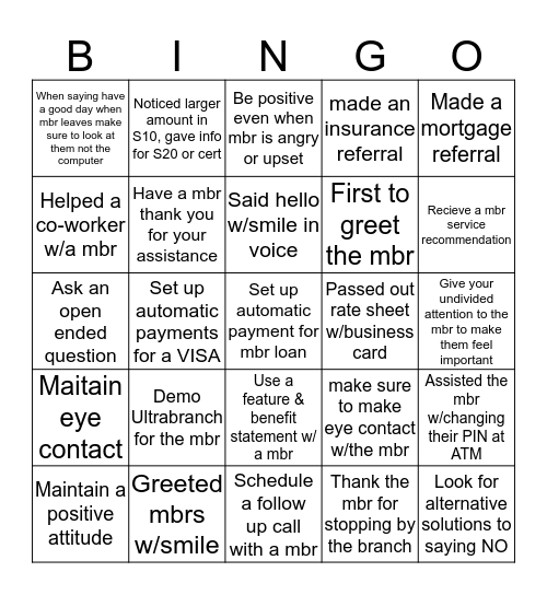 MBR SERVICE BINGO Card