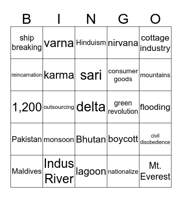 South Asia Bingo Card