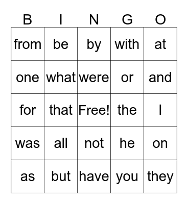 Sight words Bingo Card