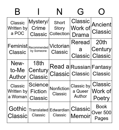 #ClassicsCommunity2020 Reading Challenge Bingo Card