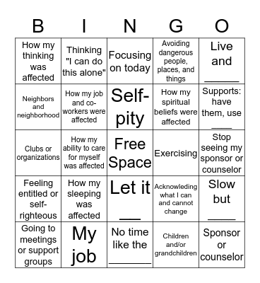 Recovery Bingo Card
