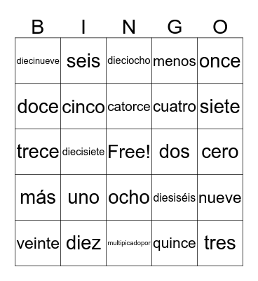 Los números en español Bingo Card