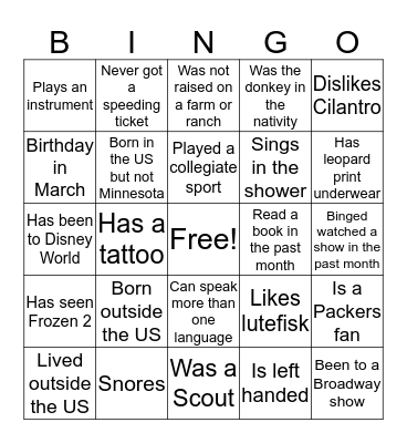 Olson Aamodt Family BINGO! Bingo Card