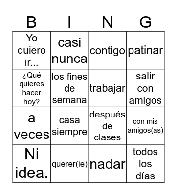 I can talk about what I want to do, with whom and how often. Bingo Card