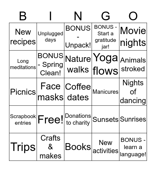 2020 - 20 things to do 20 times Bingo Card