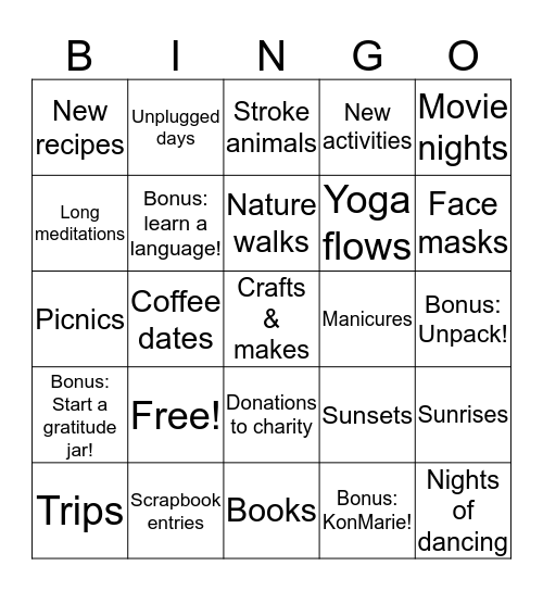 2020 - 20 things to do 20 times Bingo Card