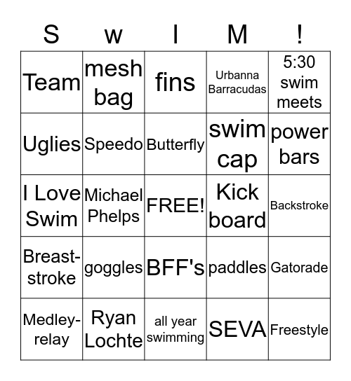 Swimming bingo Card